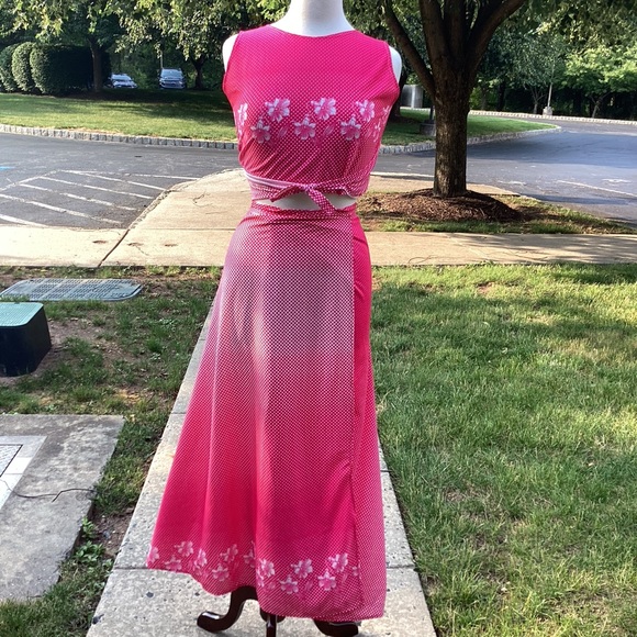 Handmade two piece swim beach dress pink polka dot and tropical flowers one size - Picture 9 of 9